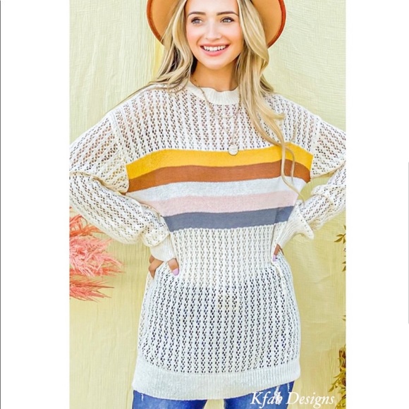 New! Clearance Colorblock Eyelet Hole Striped Lightweight Long Sleeve Sweater - Picture 5 of 9